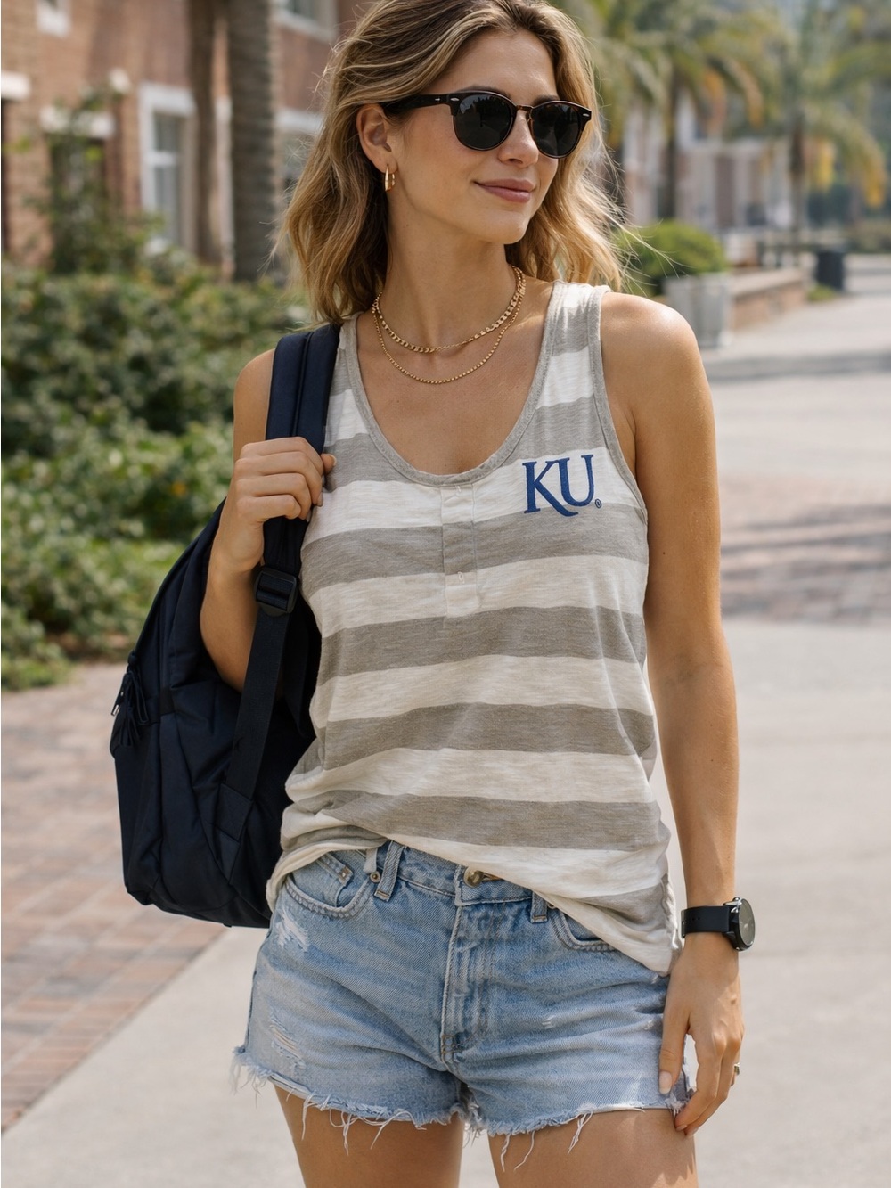 Antigua University of Kansas KU Gray and White Striped Cotton Tank Size Large